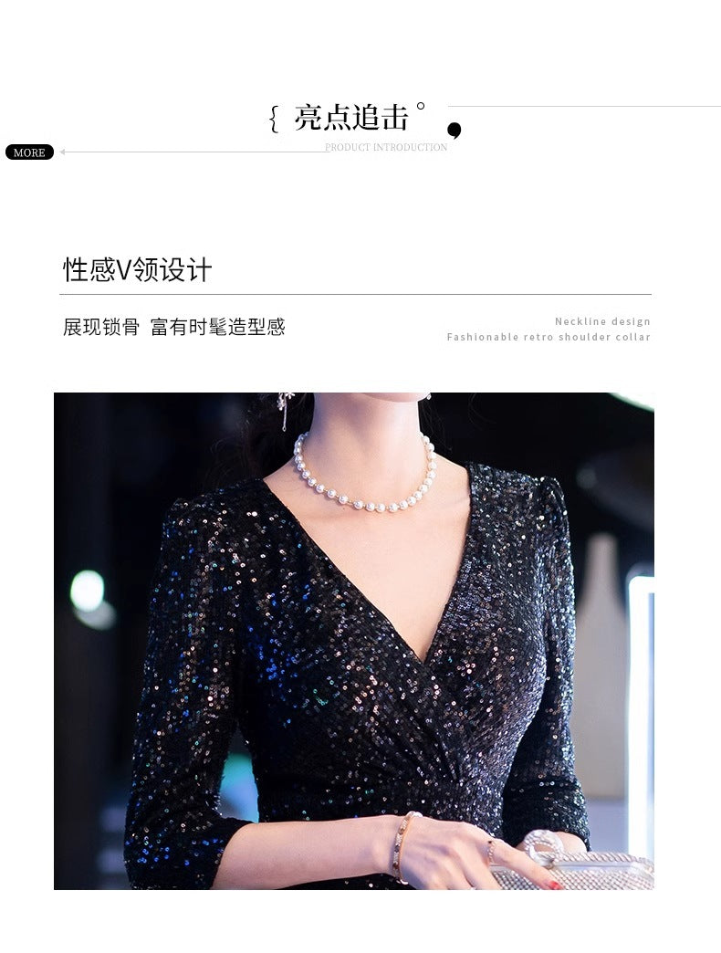 Black Evening Dress Light Luxury Female 2024 New Host Art Exam Sequined Fishtail Dress Summer Bridesmaid Dress