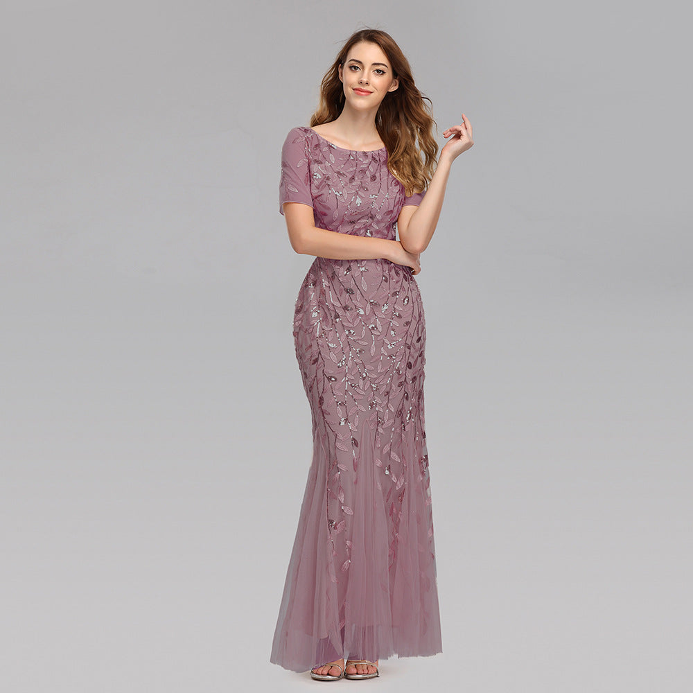 Spring and Summer Cross-Border 2024 Banquet Host European and American Slim Mesh Sequins Evening Dress Fishtail Dress Women