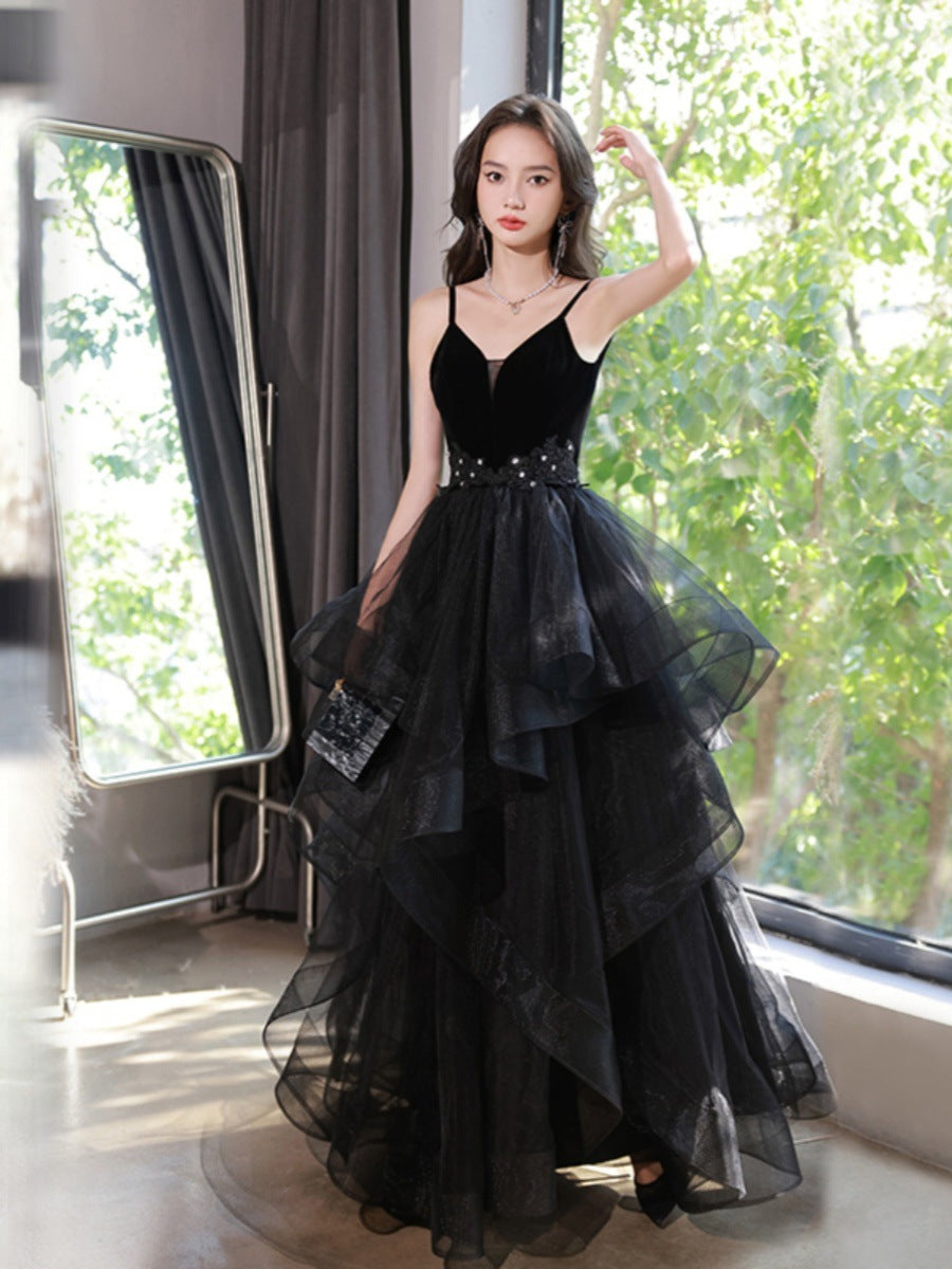 Prom dress French Evening Dresses Women's Black Mesh Hepburn Style Host Princess Long Gown H89920