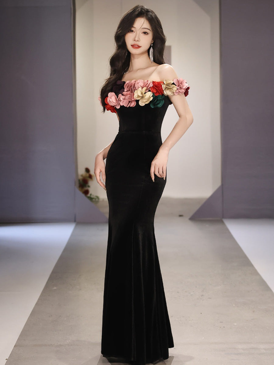 Evening Dresses Flower Gown Black Velet Off Shoulder Dress French Fishtail Long Skirt H88323