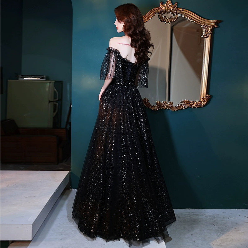 Black Evening Dress Women's High Sense Host Banquet 2024 New Autumn High-End Temperament Light Luxury Minority