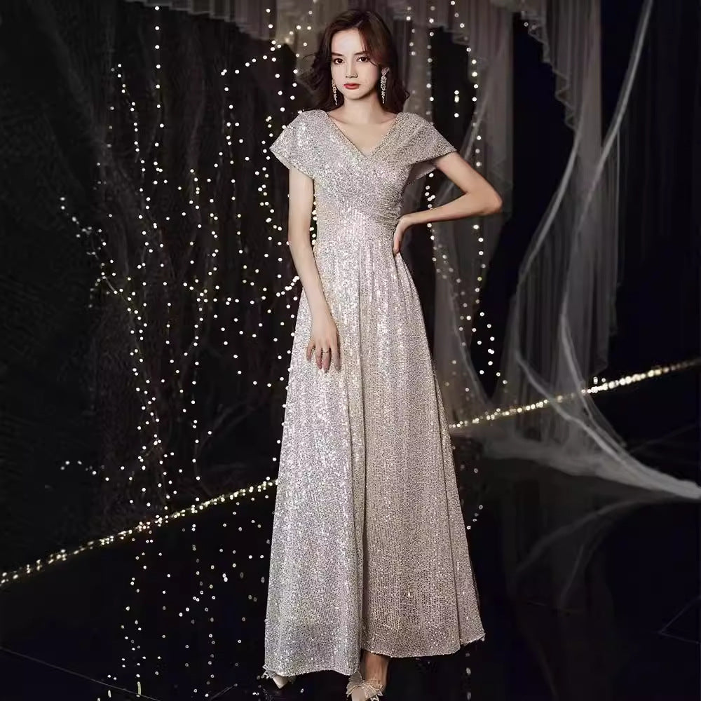 Banquet Evening Dress 2024 New High Sense V-neck Sequins Special Interest Light Luxury Performance Host's Dress Dress