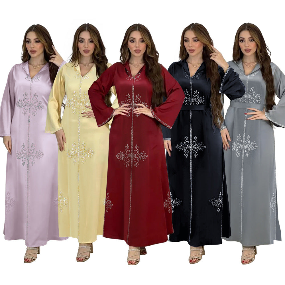 Xqy500157 Middle East Abaya Ethnic Style Dress Hooded Robe Fashion Diamond-Embedded Slits Lower Hem Dress