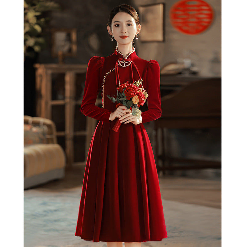 Toast Dress Bride 2024 New Chinese Style High-Grade Red Velvet Engagement Wedding Dress Women's Long Sleeve Spring