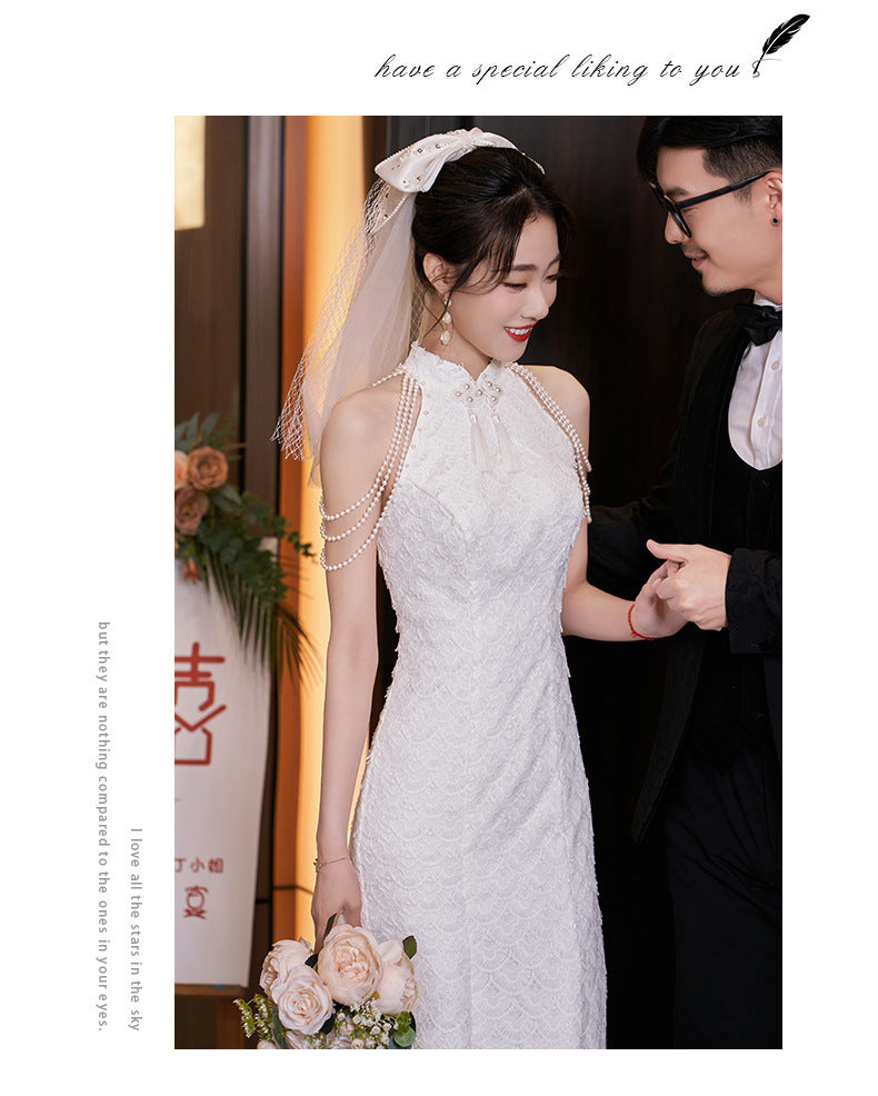 New Chinese Style Registration Slim White Dress Autumn and Winter Improvement Young Cheongsam Engagement Bride Lace Fishtail Dress