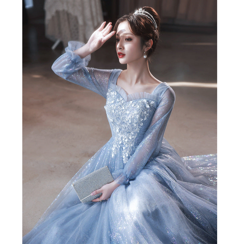 Blue Evening Dress for Women 2023 New High-Grade Banquet Temperament Long Sleeve Light Luxury Minority High-End Performance Art Exam Dress