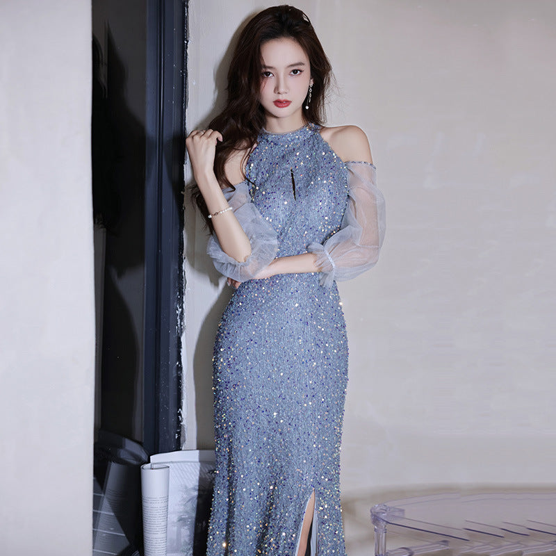 Annual Party Evening Dress Female 2024 New Blue Color Long Halter Host Ladies Banquet Elegant Sequins Dress