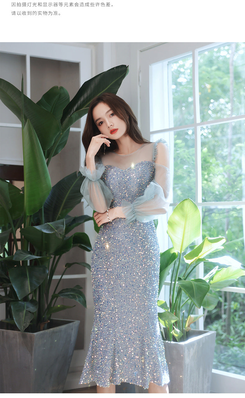 Fishtail Dress Evening Dress for Women Summer Long-Sleeve Elegant Daily Style Dress Host Temperament Banquet Dress