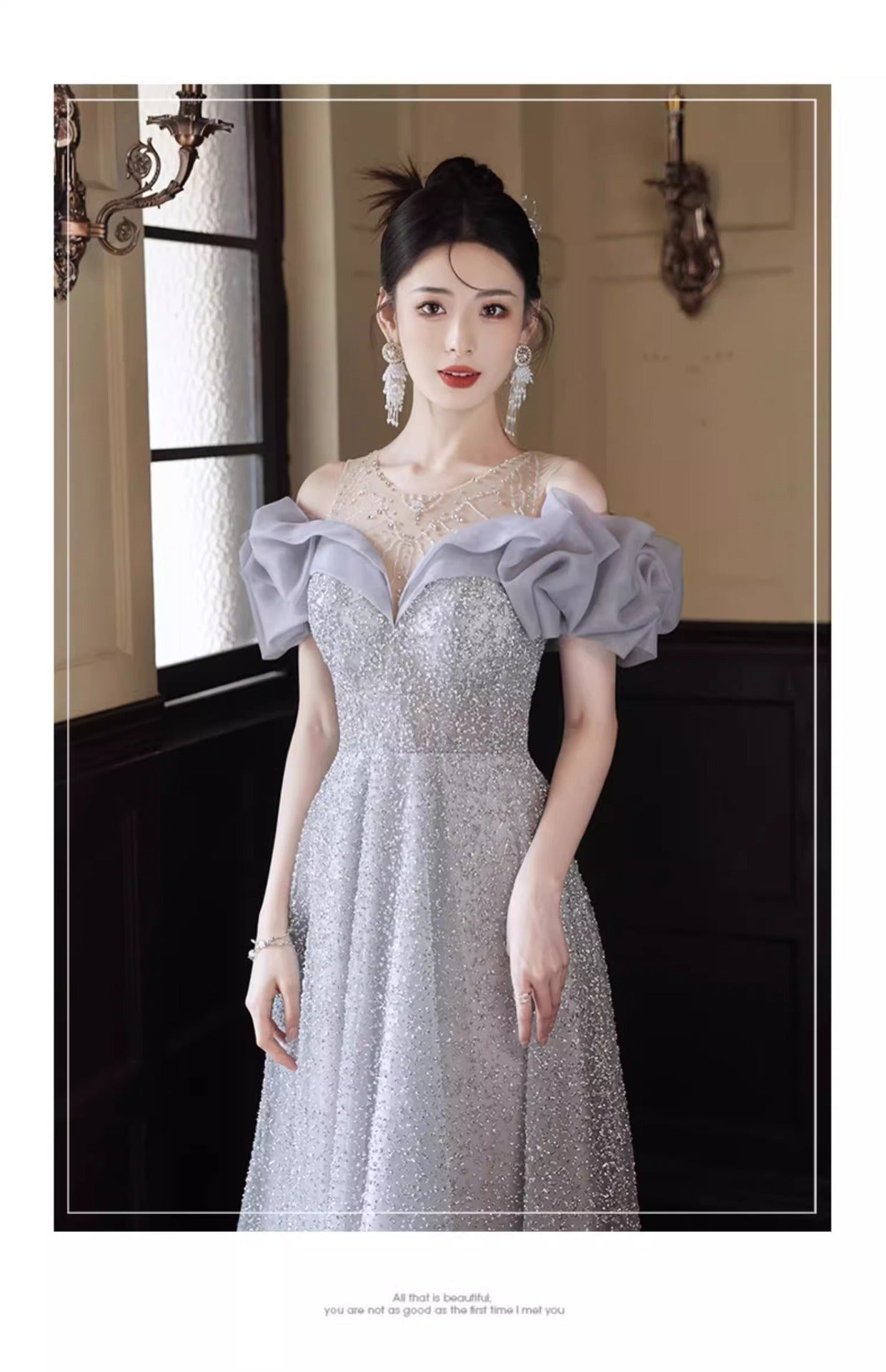 off-Shoulder Evening Dress for Women 2024 New High-End Fairy Host Dress Slim Fit Adult Ceremony Banquet Dress