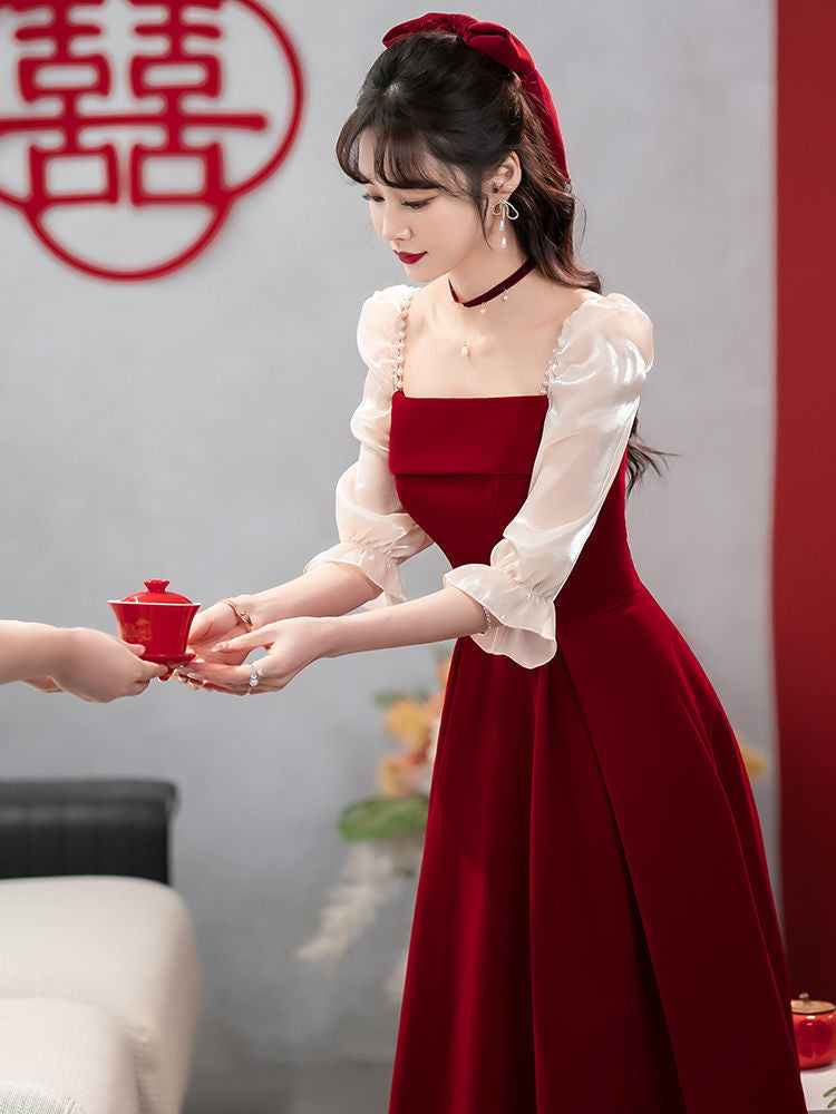 2024 Wine Red High Sense Dinner Suit Summer Dress Toast Dress Bride Daily Style Engagement Dress