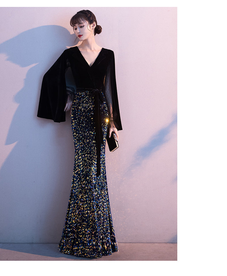 Black Evening Dress Women's Fishtail Elegant Annual Meeting Host Banquet Dress, New Summer 2024