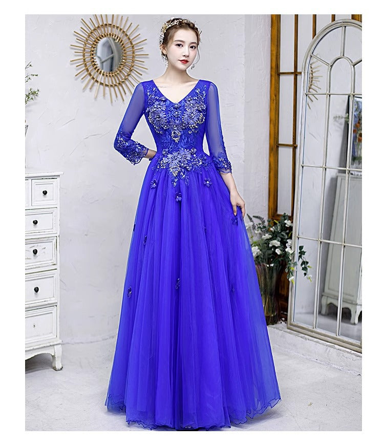 Colored Mesh Annual Meeting Host Performance Student Vocal Solo Art Exam Clothing Pettiskirt Long Evening Dress Female Autumn and Winter
