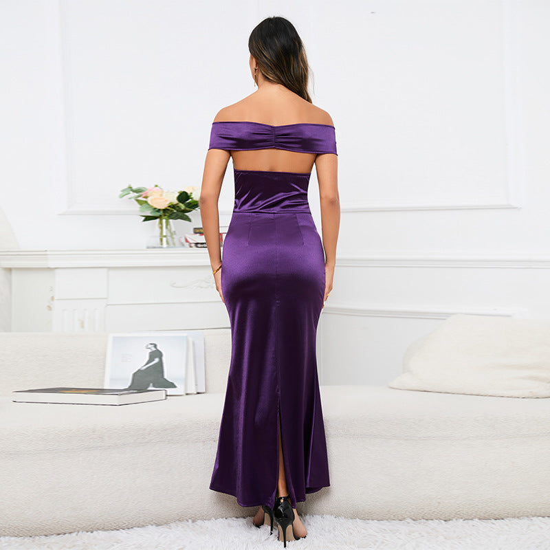 Amazon Cross-Border European and American Hot Evening Dress Women's Dress off-the-Shoulder Cross Knot Wrapped Chest Fishtail Dress