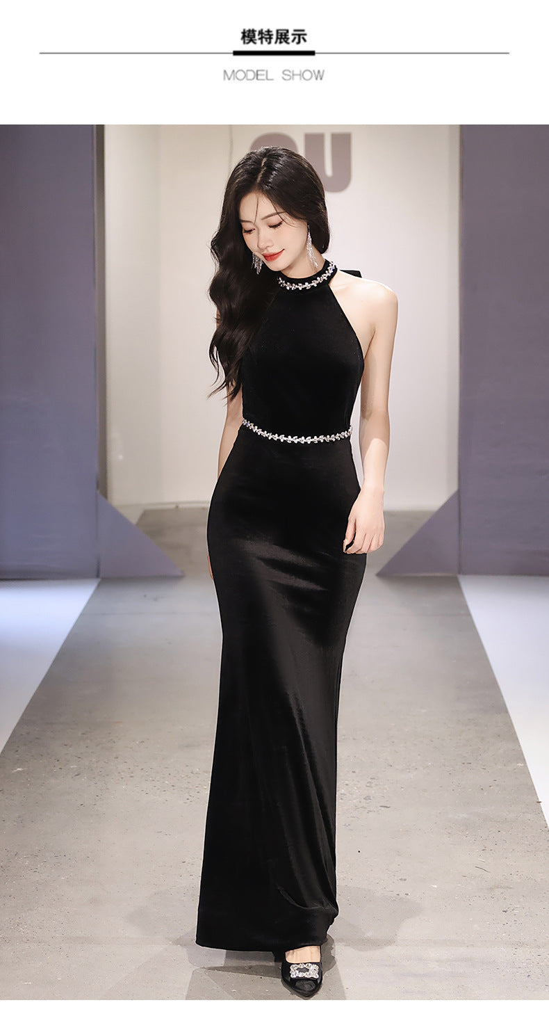 Black Evening Dress 2024 New High-End Temperament Socialite Halter Host Annual Meeting Fishtail Gown Dress