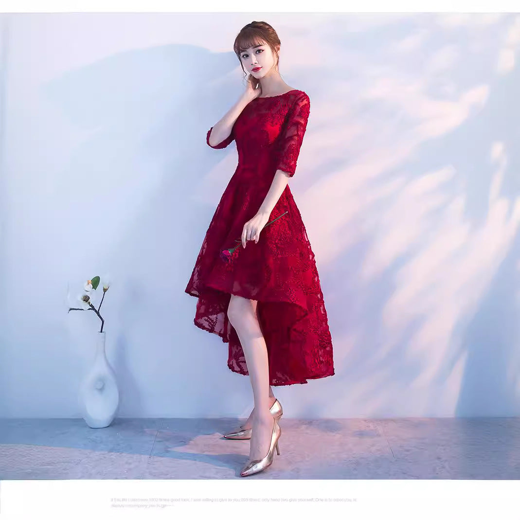 Toast Dress Bridal Elegant Lace Evening Dress Women's Banquet Wine Red Engagement Waist Front Short Back Long Dress