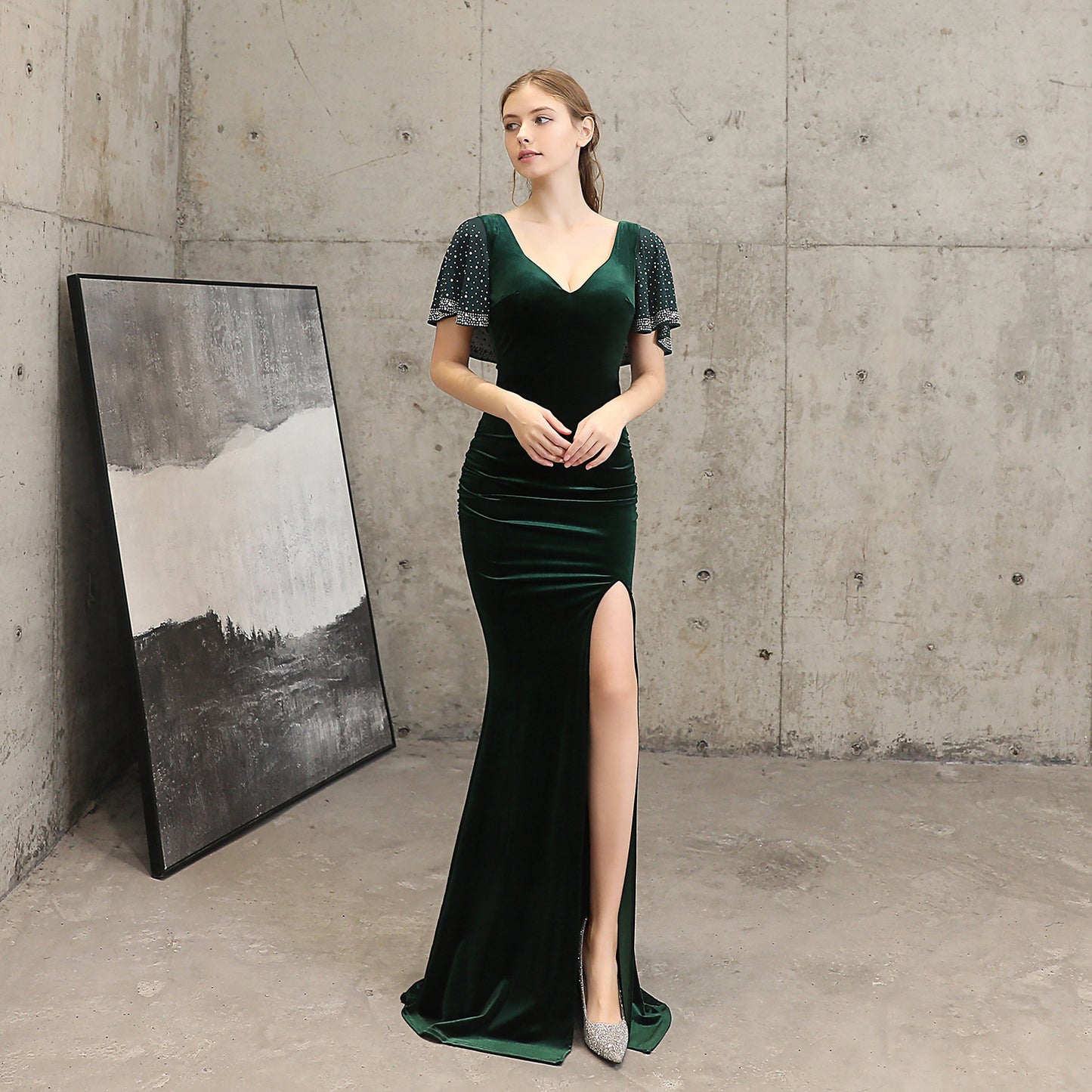 18110# Velvet Sequin Rhinestone Fishtail Banquet Elegant Graceful Annual Meeting Host Car Model Party Formal Dress Female Winter