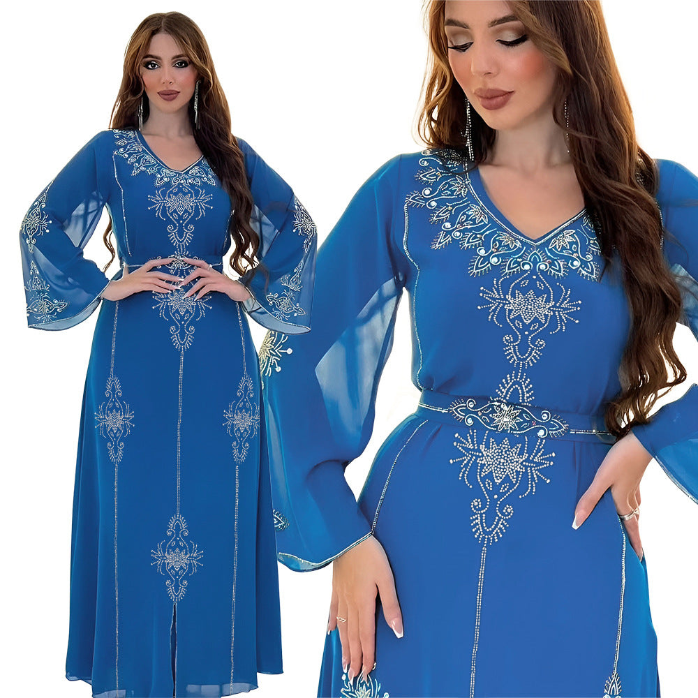 Xqy500176 Saudi Arabia Dubai Fashion Rhinestone Dress Summer Chiffon Robe Middle East Women's Dress