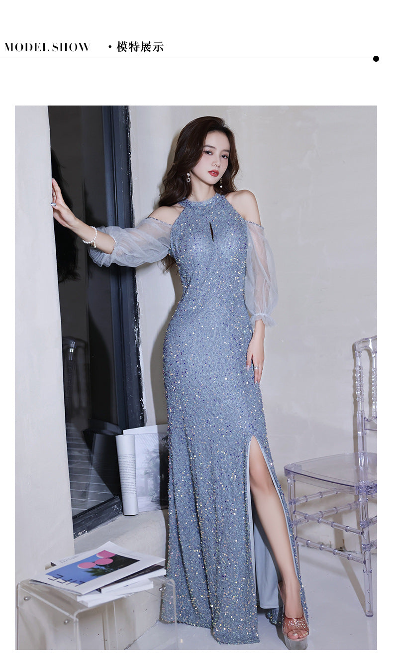 Annual Party Evening Dress Female 2024 New Blue Color Long Halter Host Ladies Banquet Elegant Sequins Dress