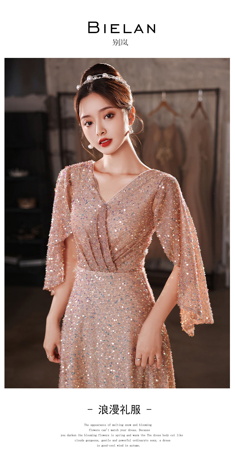 Foreign Trade Cross-Border Supply Evening Dress for Women 2024 New Banquet Socialite Temperament Entry Lux Niche Host Sense Sequins