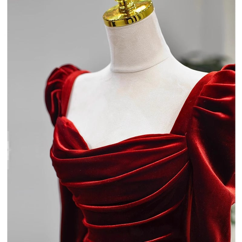 High-Grade Velvet Toast Dress Wine Red Long Sleeve Bride Engagement Dress Banquet Host Dress Annual Meeting Dress
