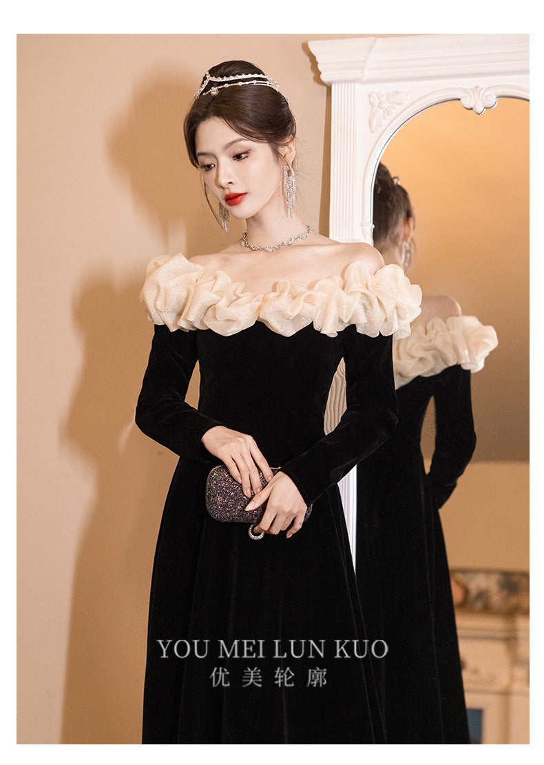 off-Shoulder Black Evening Dress 2024 New Banquet Temperament Host French Entry Lux Niche Long Sleeve Autumn and Winter