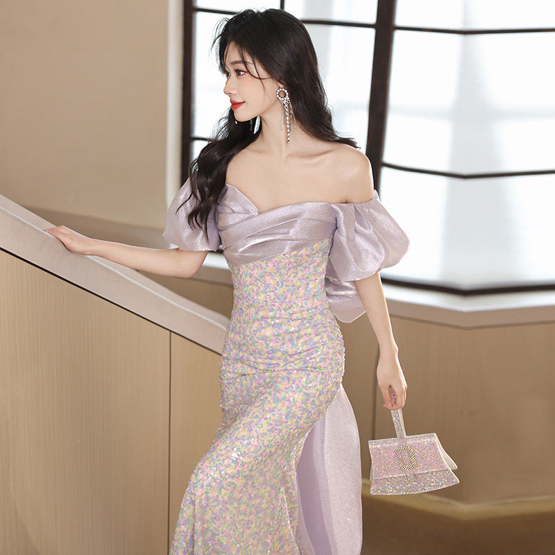 off-Shoulder Evening Dress for Women 2024 New Autumn Light Luxury Minority High-End Ladies Annual Meeting Host Banquet Dress