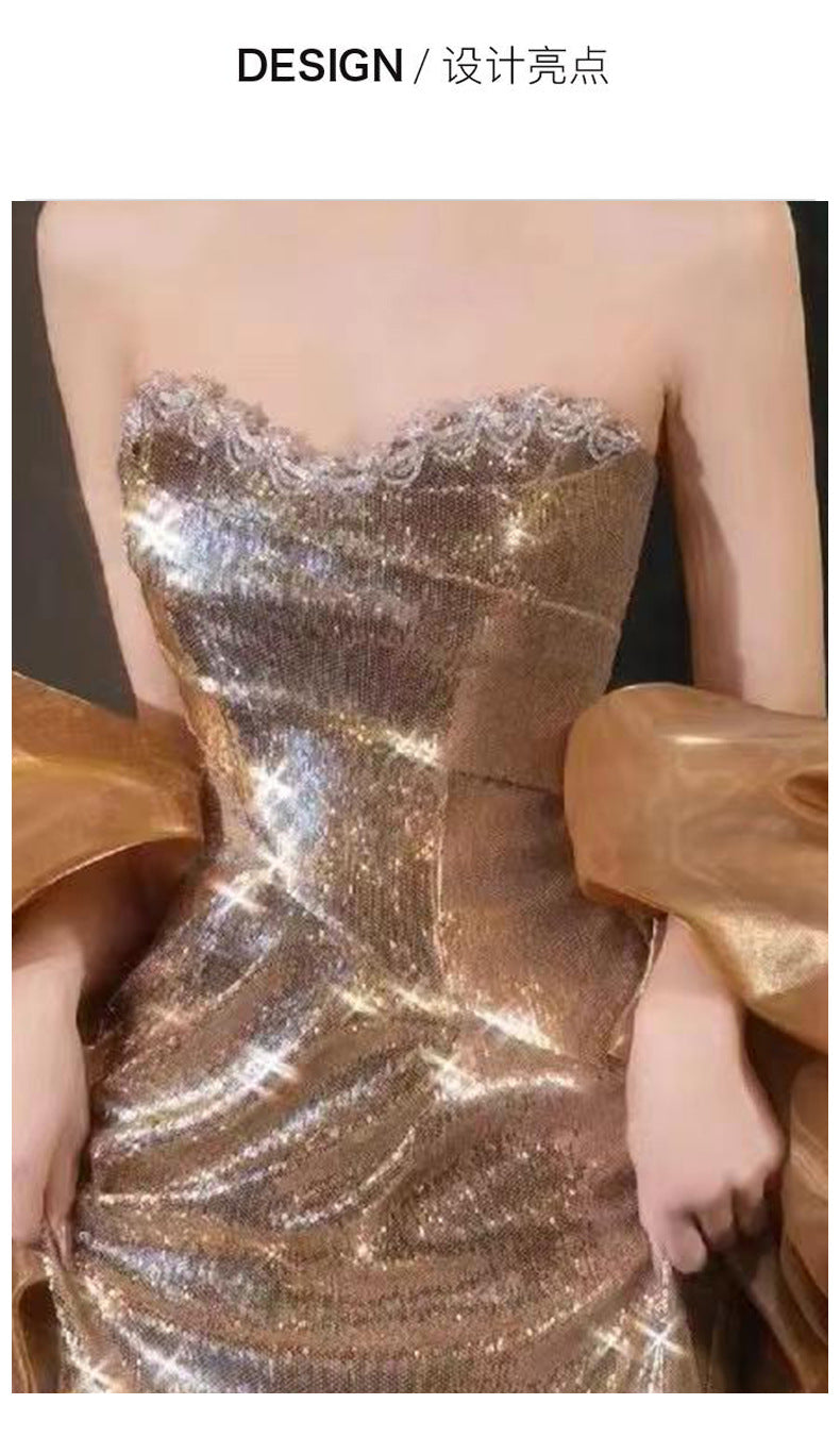 Golden Evening Dress 2024 High-Grade Wine Red Tube Top Bride Engagement Toast Dress Banquet Temperament Host