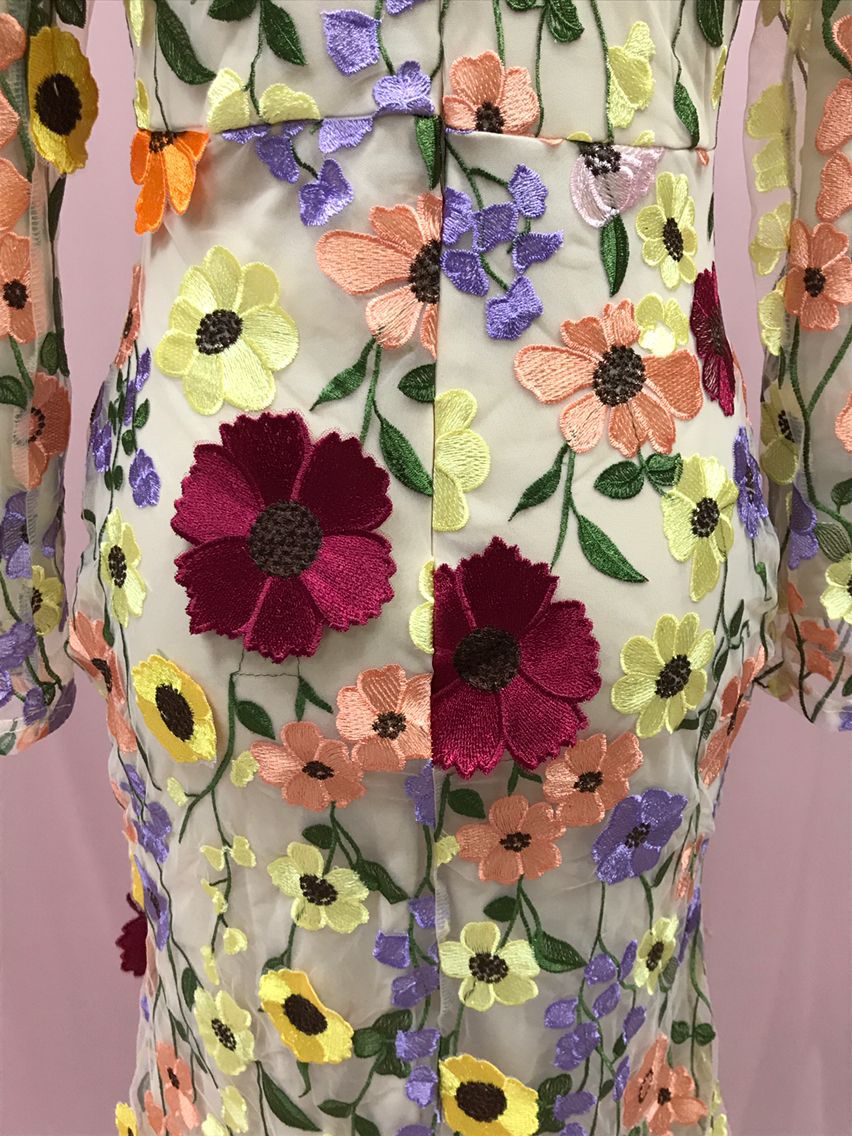 24 Cross-Border European and American Spring and Summer round Neck Colorful Three-Dimensional Flower Embroidery Mesh Slim Fit Sheath Fishtail Dress Dress