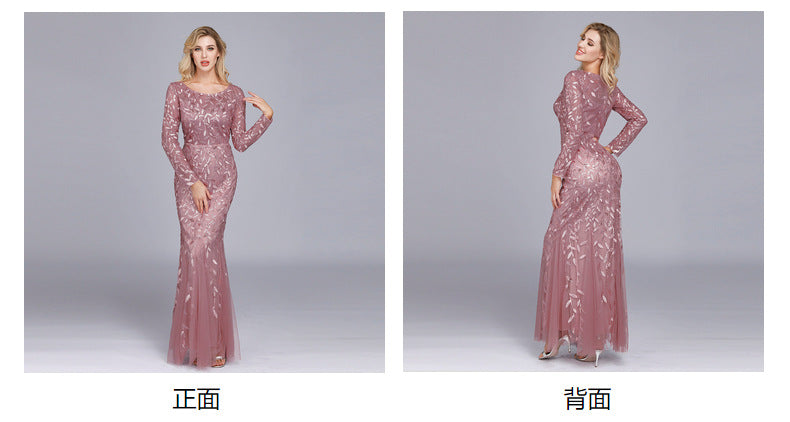 2024 Europe and America Cross Border Hot Selling Long Sleeve round Neck Back Zipper Fishtail Dress Banquet Evening Dress for Women in Stock