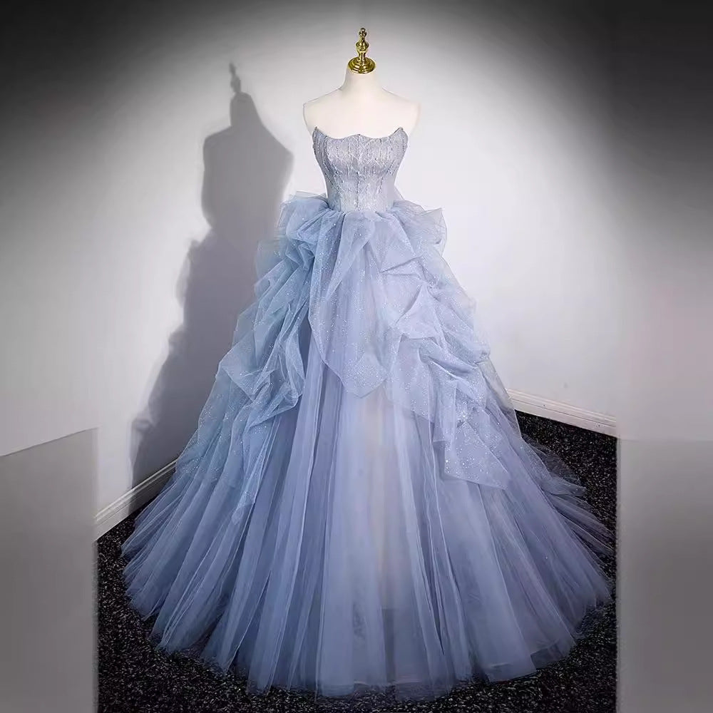 off-Shoulder Evening Dress Haze Blue Piano Performance Adult Ceremony Wedding Dress Bel Canto Solo Blue Gauze Skirt Art Test H2839