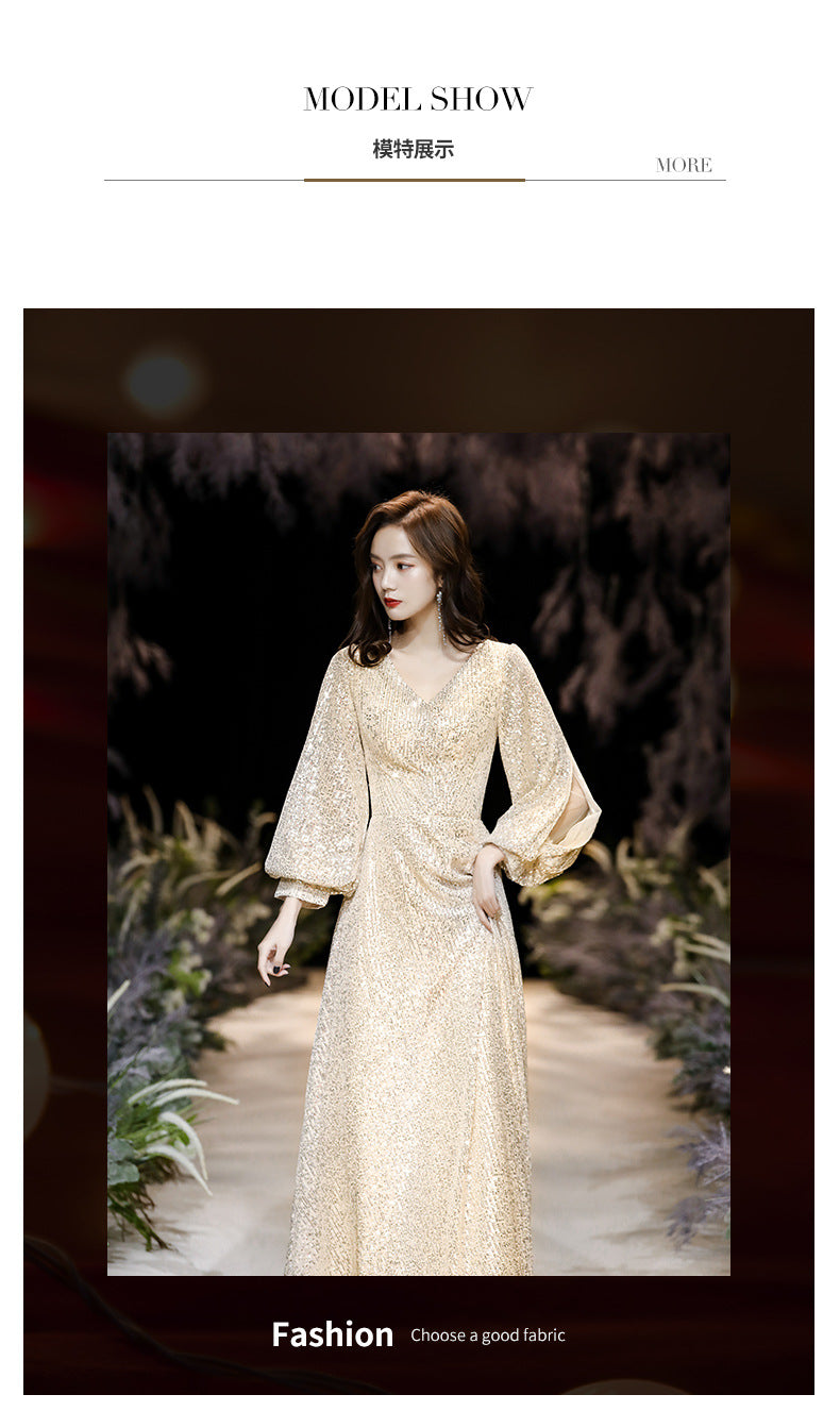 Factory Supply Evening Dress 2024 New Autumn and Winter Long Long Sleeve V-neck Sequins Champagne Annual Party Evening Dress