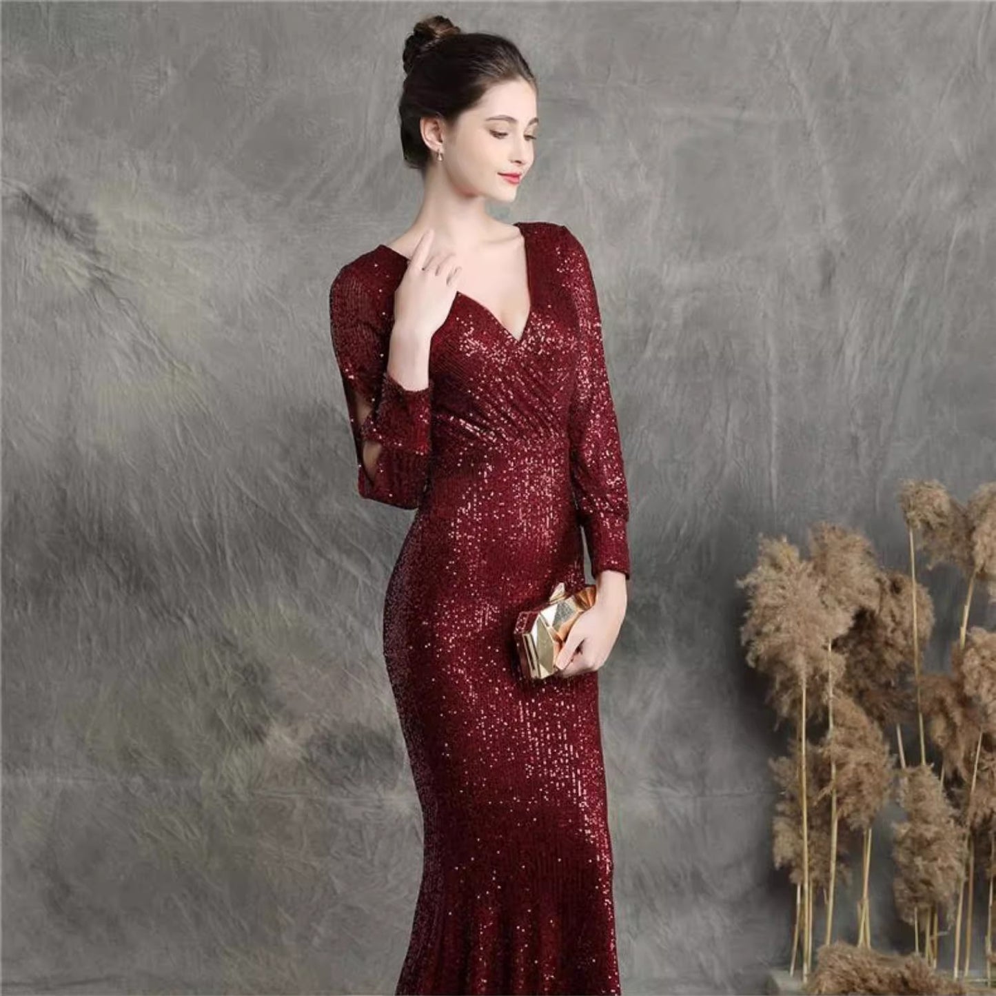 4645 Sequined Evening Dress New High-End Toast Dress Sexy Deep V Temperament Fishtail Host Banquet Dress