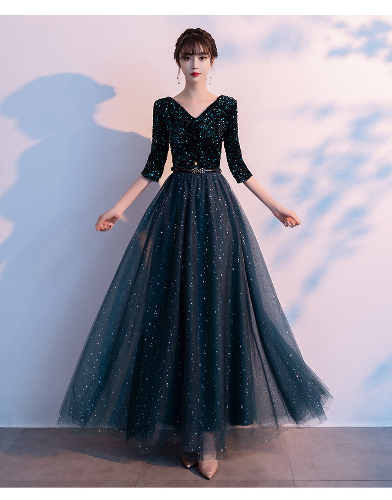 Dark Green Annual Party Evening Dress 2024 Autumn New Fashion Sexy V-neck Banquet Host Long Dress