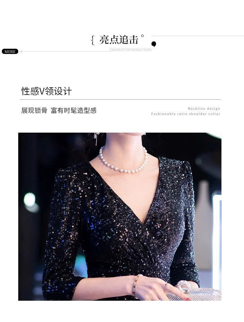 Black Evening Dress High-End Affordable Luxury Niche Female 2024 New Host Birthday Banquet Sequined Fishtail Dress Autumn