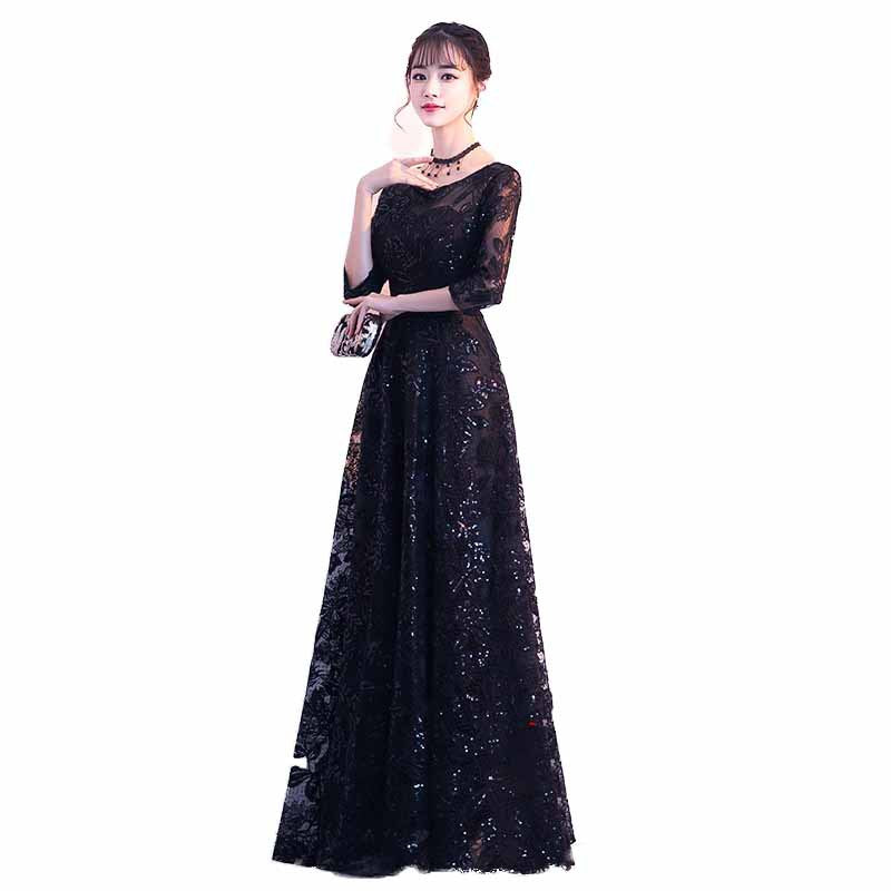 Prom dresses gala lace long sleeve Banquet Evening Dress Women's Black Long H8293