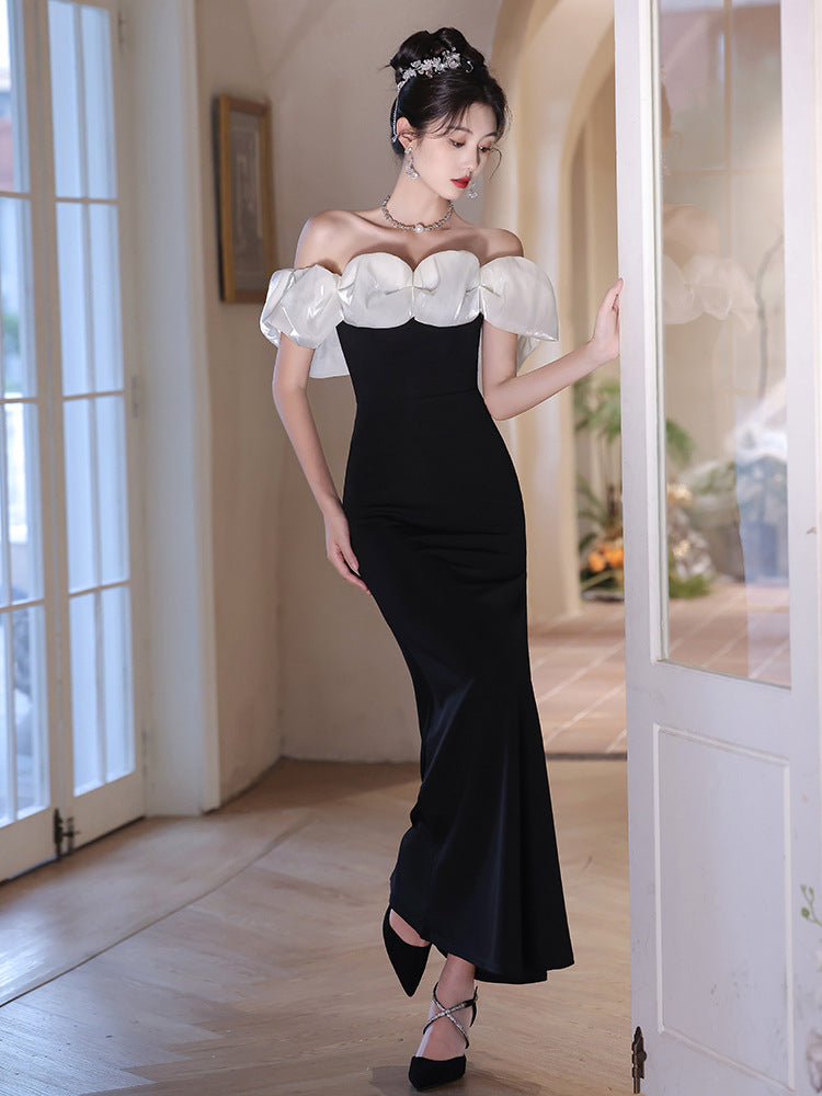 Beautiful off-Shoulder Evening Dress for Women 2024 New High-Grade Light Luxury Minority Banquet Host Elegant Fishtail Dress