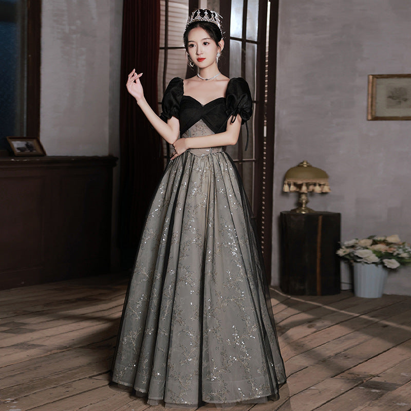 Evening Dress prom dresses French Style Black Hepburn off shoulder ;ace Luxury  Birthday Performance Princess Ball gown H2930