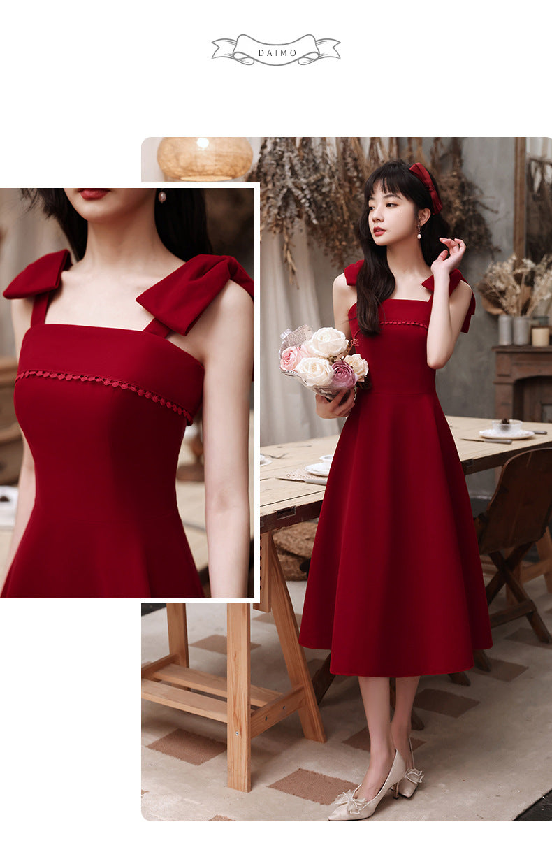 Toast Dress Bride Spring Short Small Wine Red Daily Style Back-to-Door Casual Wear Sling Female Engagement Dress