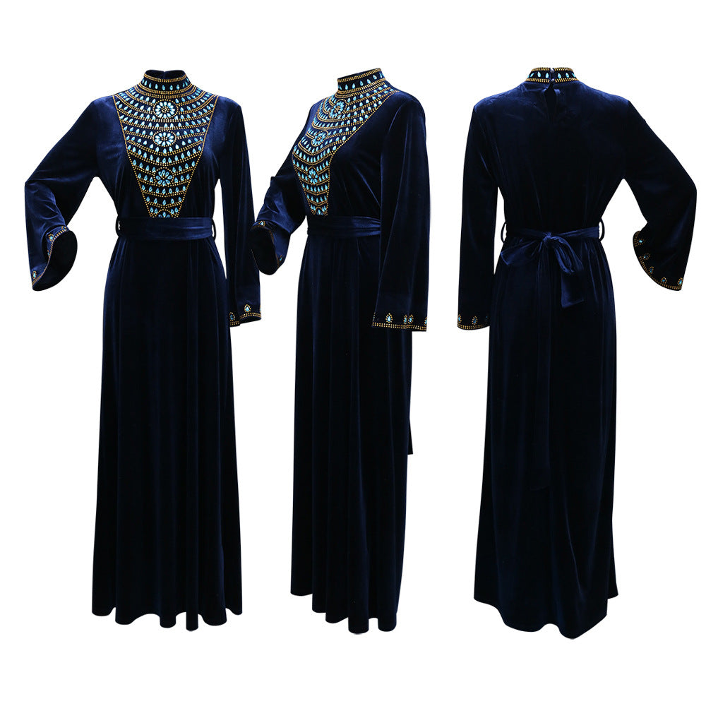 Xqy500219 Muslim Dubai Suede Dinner Dress Robe Blue Water Drop Rhinestone Jalabia Women's Clothing