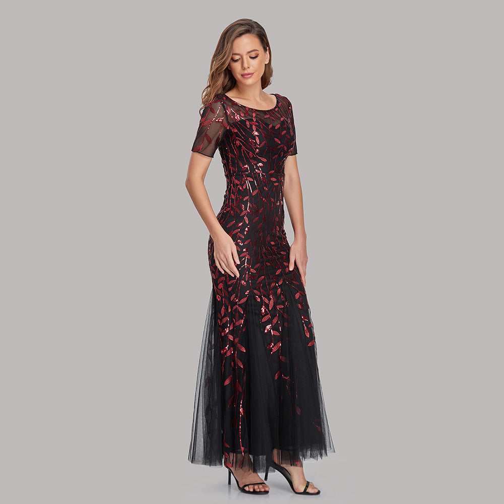 Spring and Summer Cross-Border 2024 Banquet Host European and American Slim Mesh Sequins Evening Dress Fishtail Dress Women