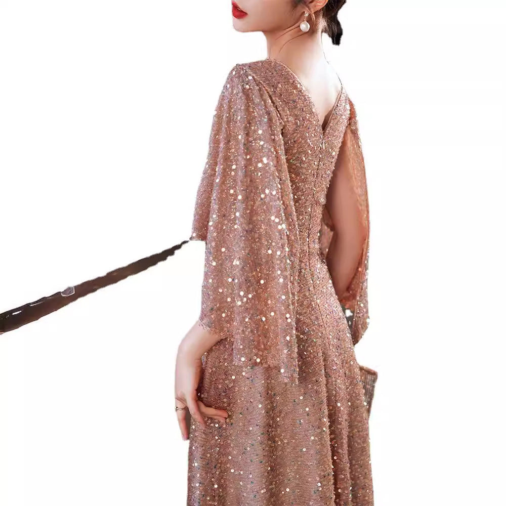 Foreign Trade Cross-Border Supply Evening Dress for Women 2024 New Banquet Socialite Temperament Entry Lux Niche Host Sense Sequins