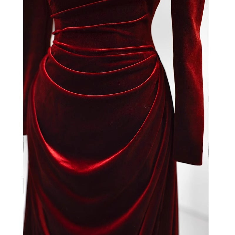 High-Grade Velvet Toast Dress Wine Red Long Sleeve Bride Engagement Dress Banquet Host Dress Annual Meeting Dress