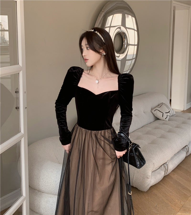 Black Vintage Velvet Dress Women's Autumn and Winter French Temperament Socialite Slim Fit Cinched Mesh Dress Long Skirt