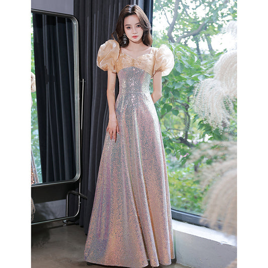 French Evening Dress Female 2024 Light Luxury Minority Style Host Sequined Ladies Banquet Art Exam Student Flash Temperament