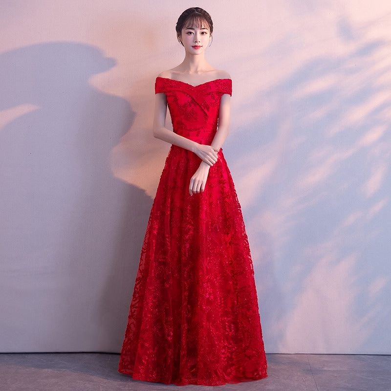 2024 New Summer Red Lace Off-Shoulder Long Slimming Wedding Evening Dress for Bride