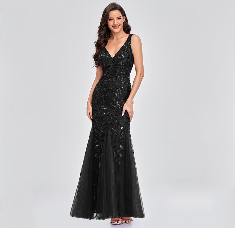 New 2023 Dress Sexy Dress Sleeveless V-neck Embroidery Sequin Slim Fishtail Bridesmaid Evening Dress for Women