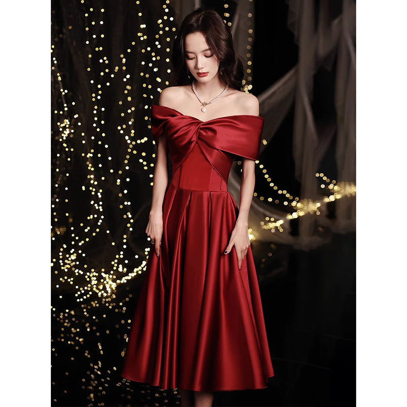 Wine Red Toast Dress Bride 2024 New Appreciation Dinner Engagement Wedding Back-to-Door off-Shoulder Evening Dress for Women Autumn