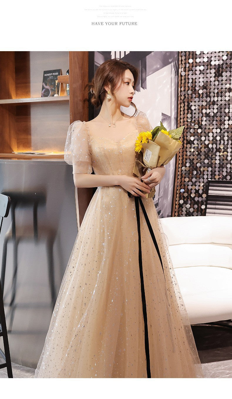 Banquet Evening Dress 2024 New Ladies Banquet Champagne Fairy Temperament Female Host Student Art Exam Dress