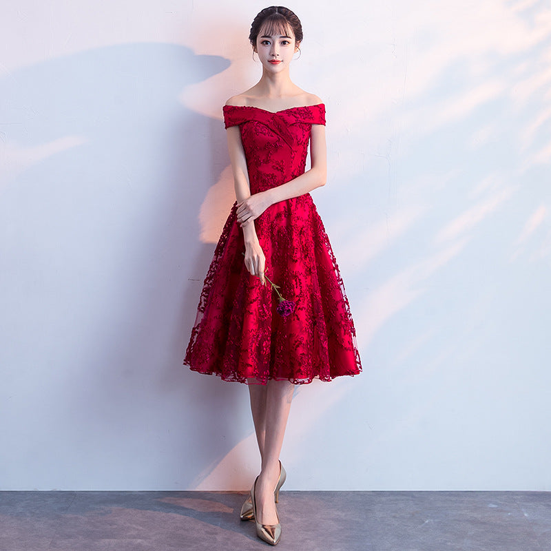 2024 New Summer Red Lace Off-Shoulder Long Slimming Wedding Evening Dress for Bride