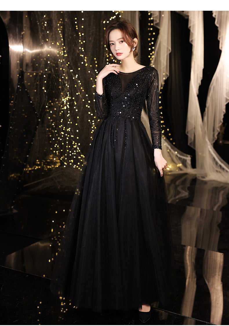 Black Evening Dress Female 2024 Autumn New Master Host Art Exam Dress Choral Performance Long Dress